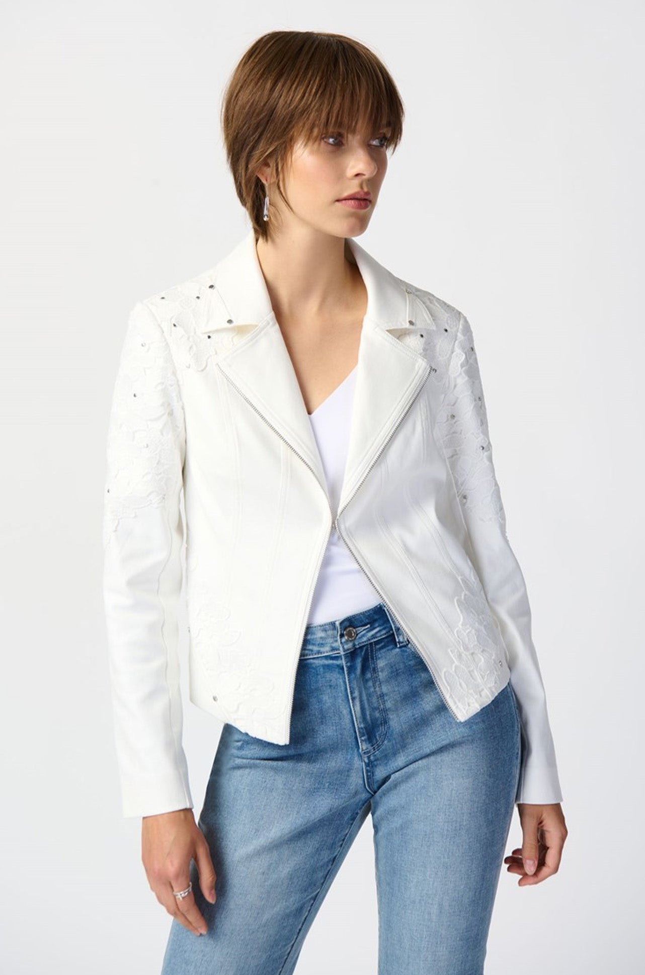 Joseph Ribkoff - Studded Foiled Suede Jacket w/ Floral Applique