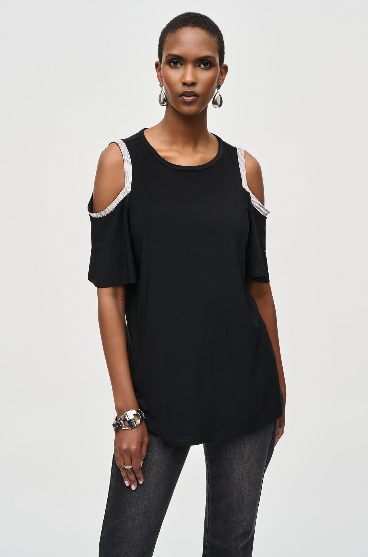 Joseph Ribkoff - Silky Knit Embellished Cold Shoulder Tunic