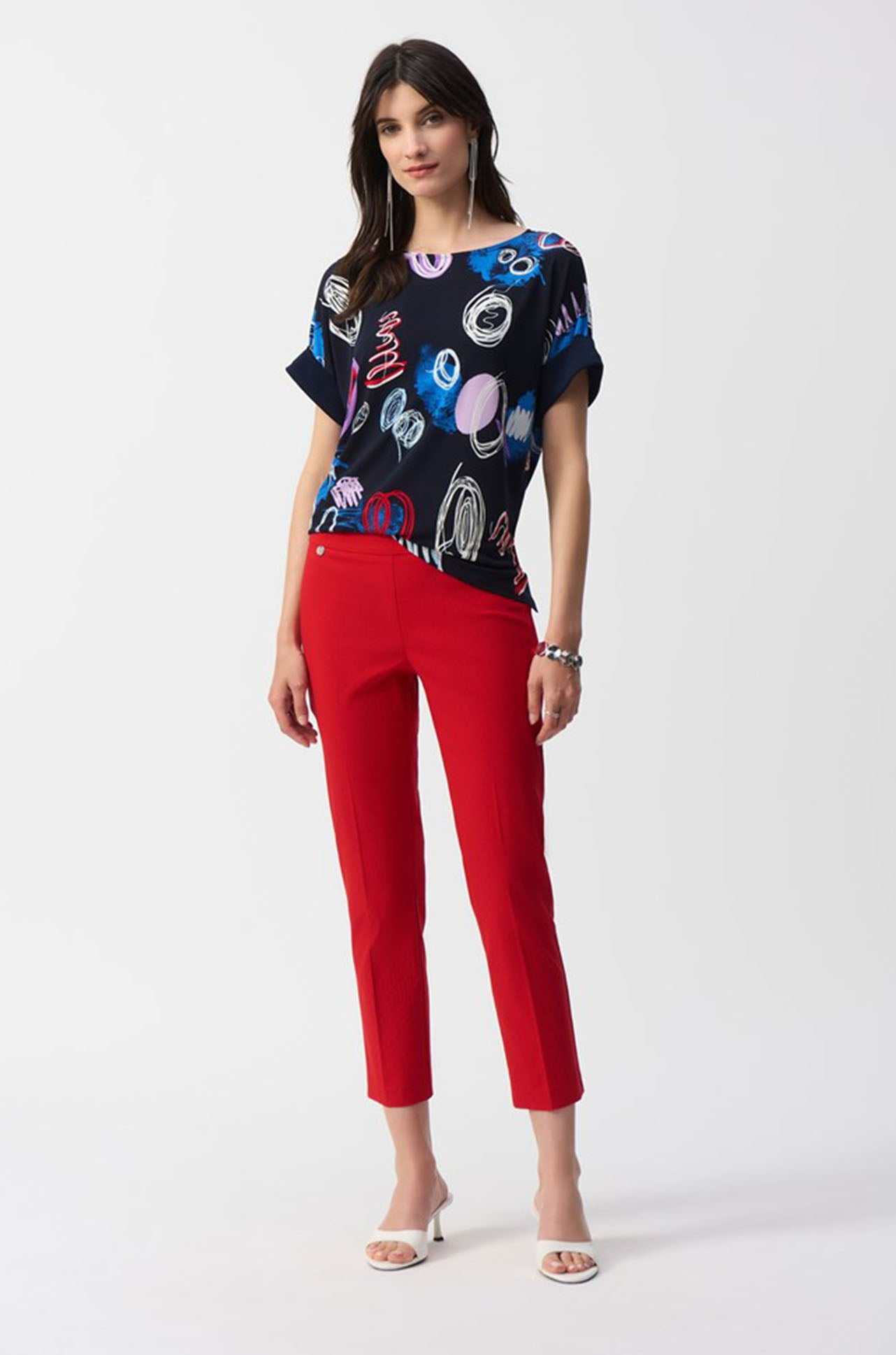 Joseph Ribkoff - Textured Jacquard Crop Pull-On Pants in Radiant Red