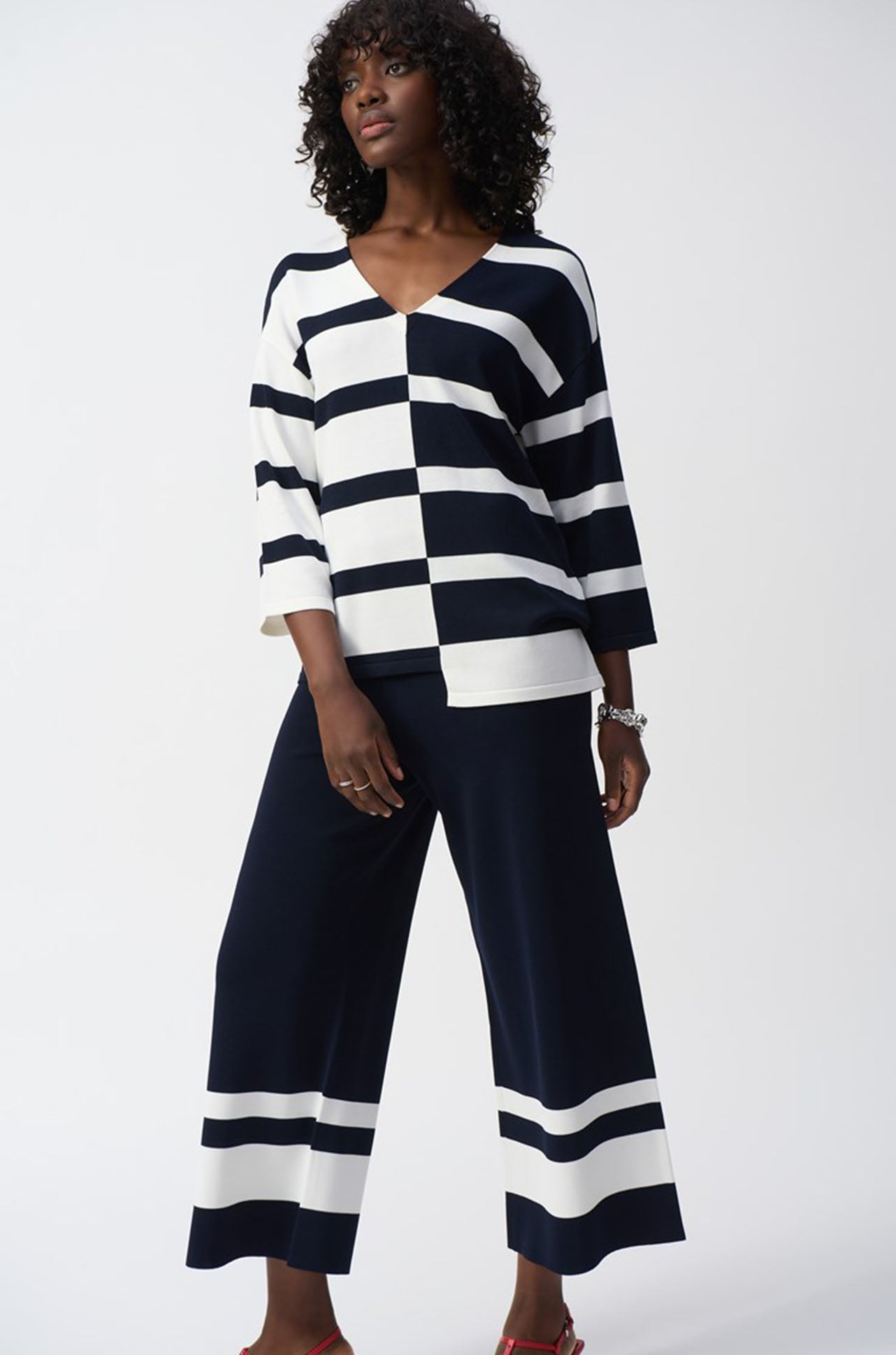 Joseph Ribkoff - Striped Sweater Knit V-Neck Pullover