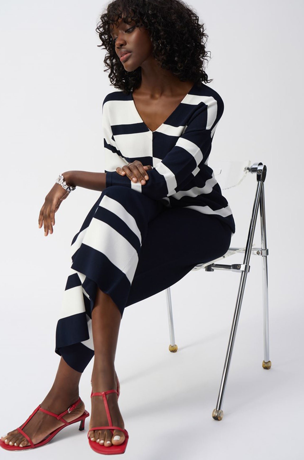 Joseph Ribkoff - Striped Sweater Knit V-Neck Pullover