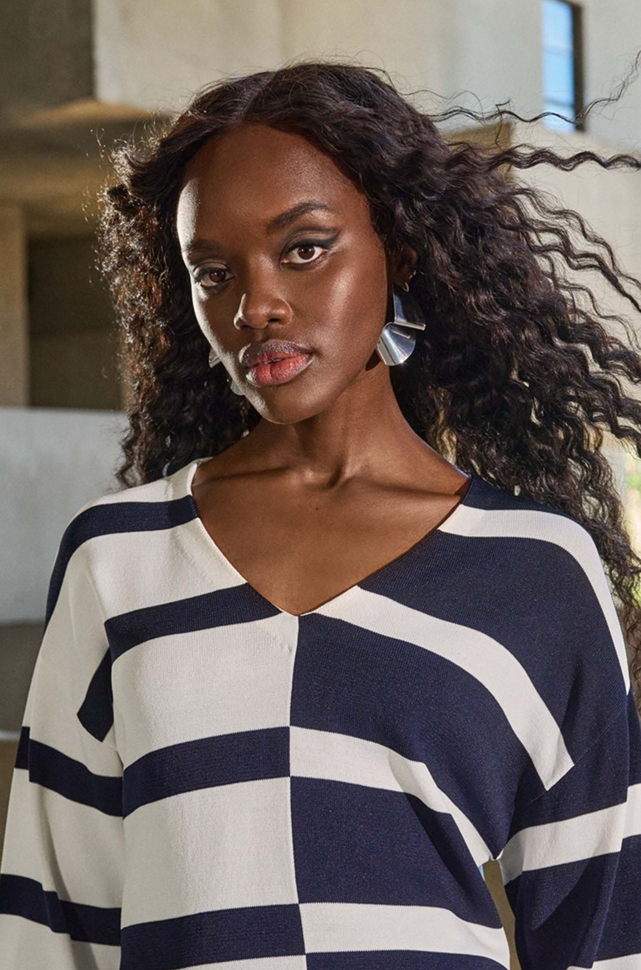 Joseph Ribkoff - Striped Sweater Knit V-Neck Pullover