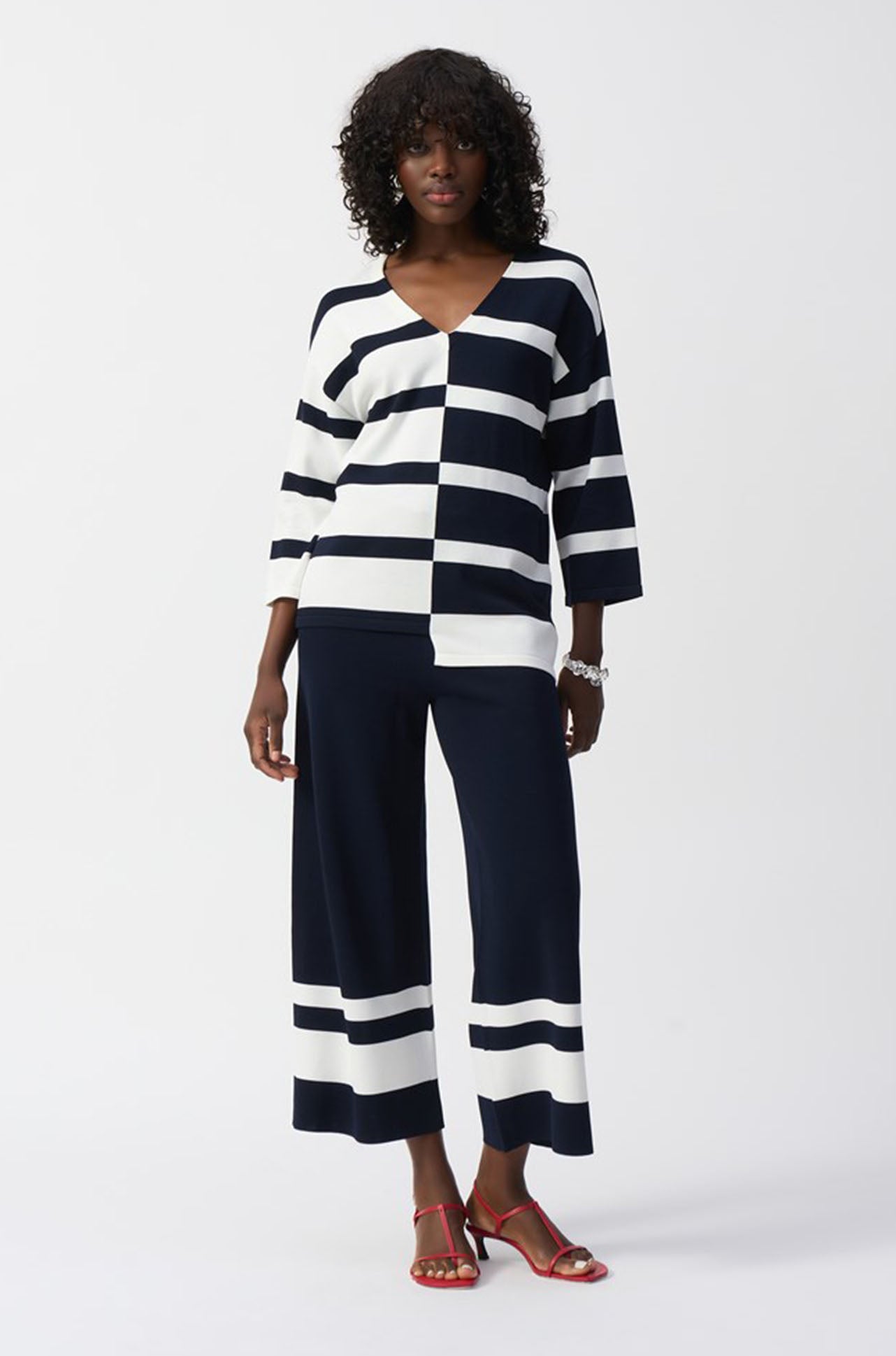 Joseph Ribkoff - Striped Sweater Knit V-Neck Pullover