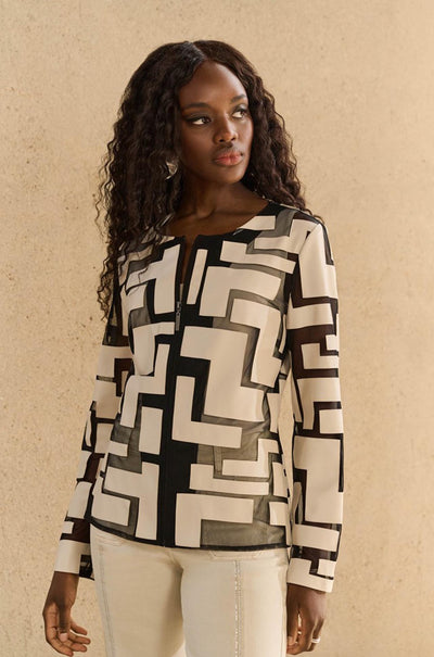 Joseph Ribkoff - Mesh and Leatherette Fitted Jacket in Moonstone / Black