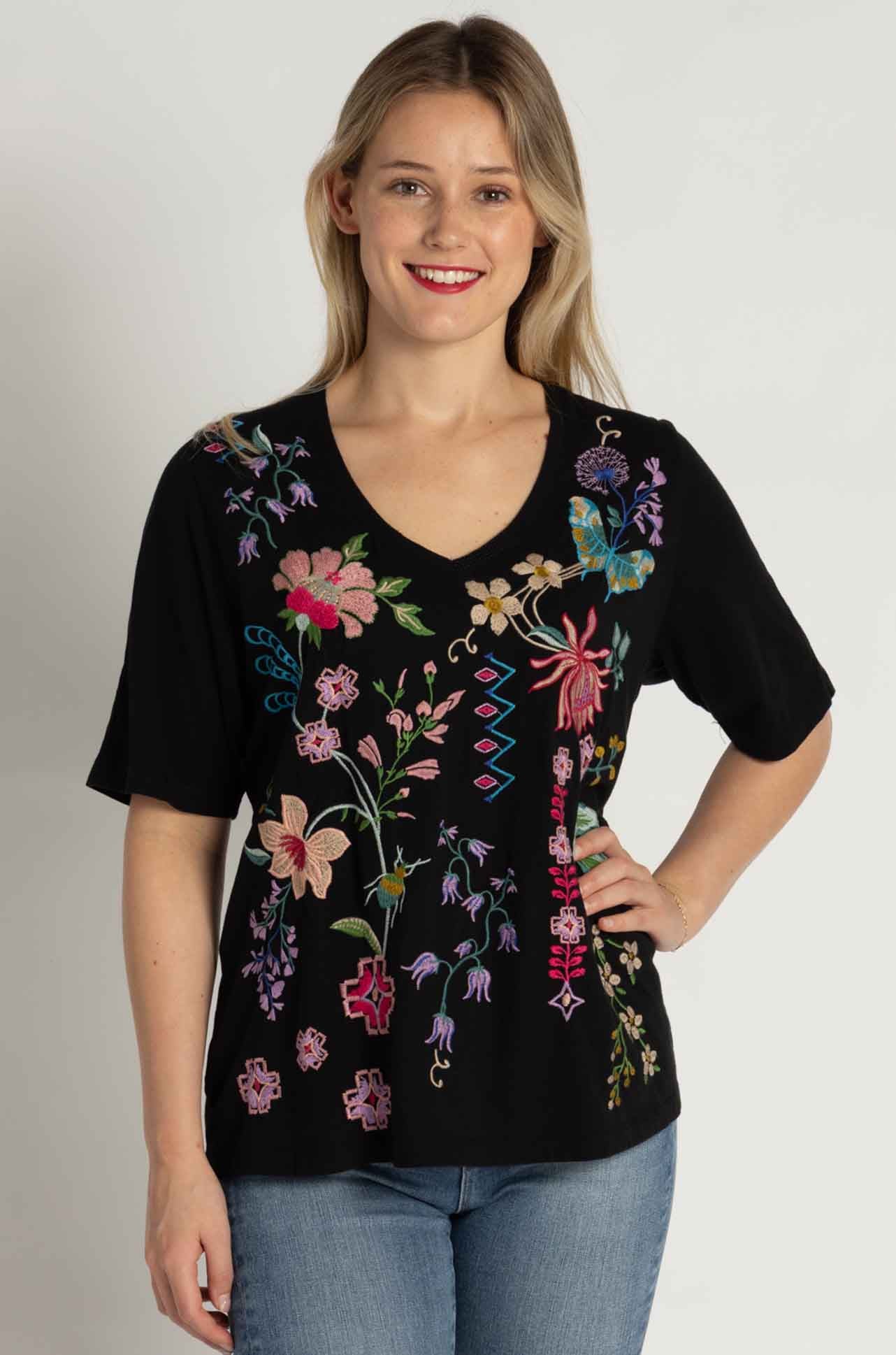 Johnny Was - 3/4 Sleeve Trapunto V-Neck Tee in Maureen Print