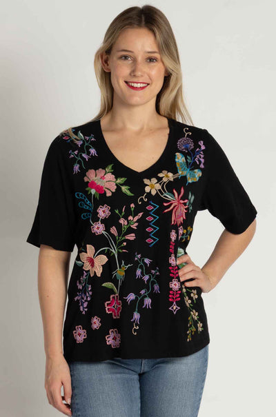 Johnny Was - 3/4 Sleeve Trapunto V-Neck Tee in Maureen Print