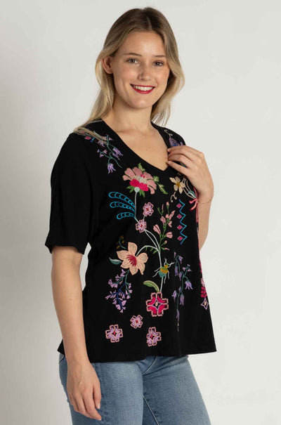 Johnny Was - 3/4 Sleeve Trapunto V-Neck Tee in Maureen Print