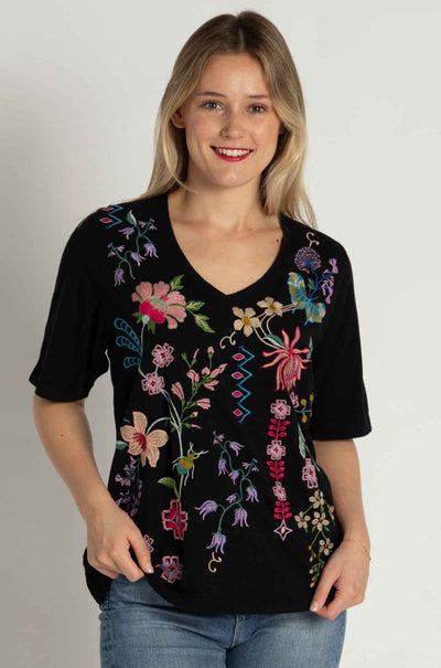 Johnny Was - 3/4 Sleeve Trapunto V-Neck Tee in Maureen Print