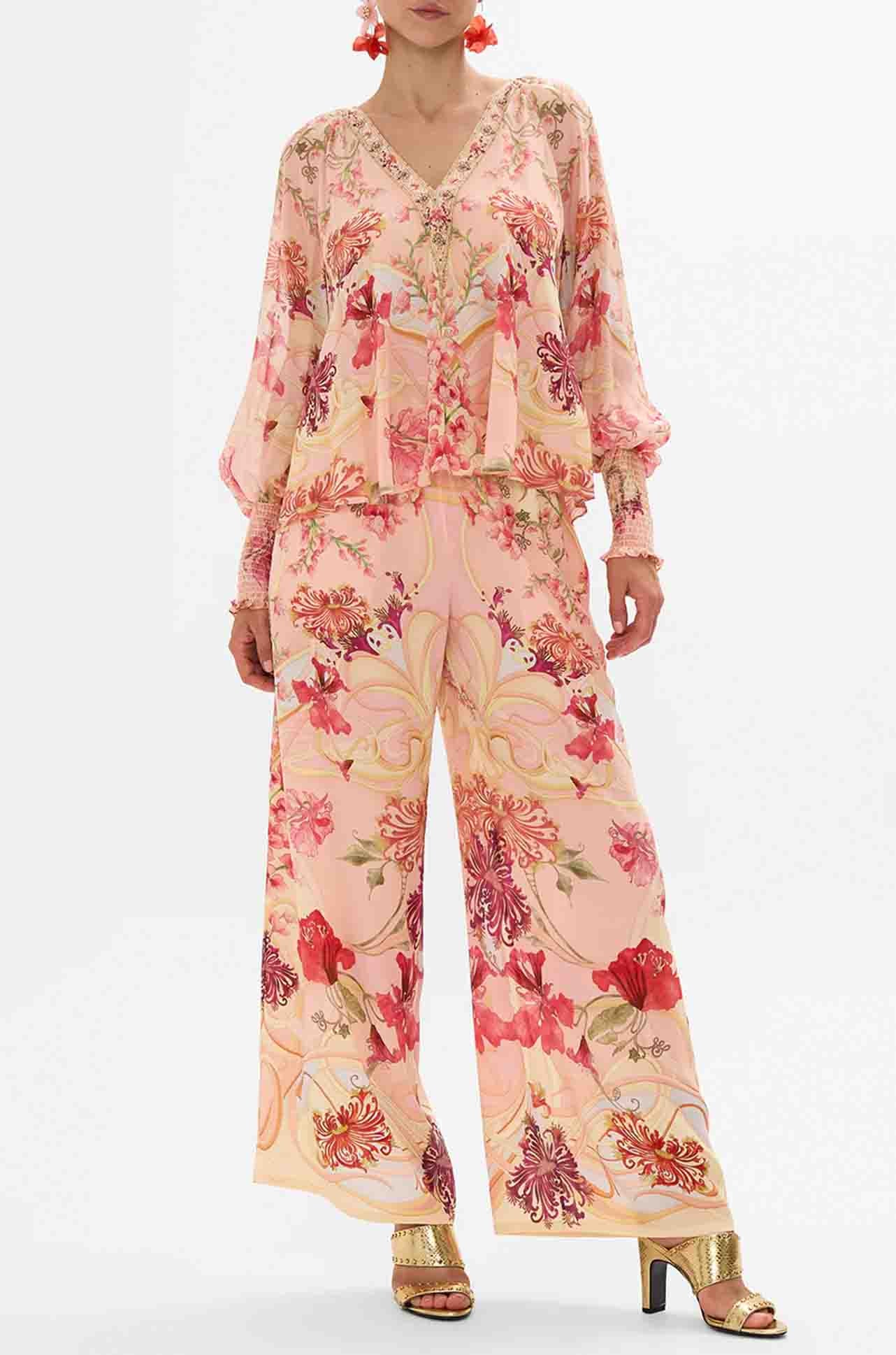 Camilla - Blossoms & Brushstrokes Shirred Cuff Blouse