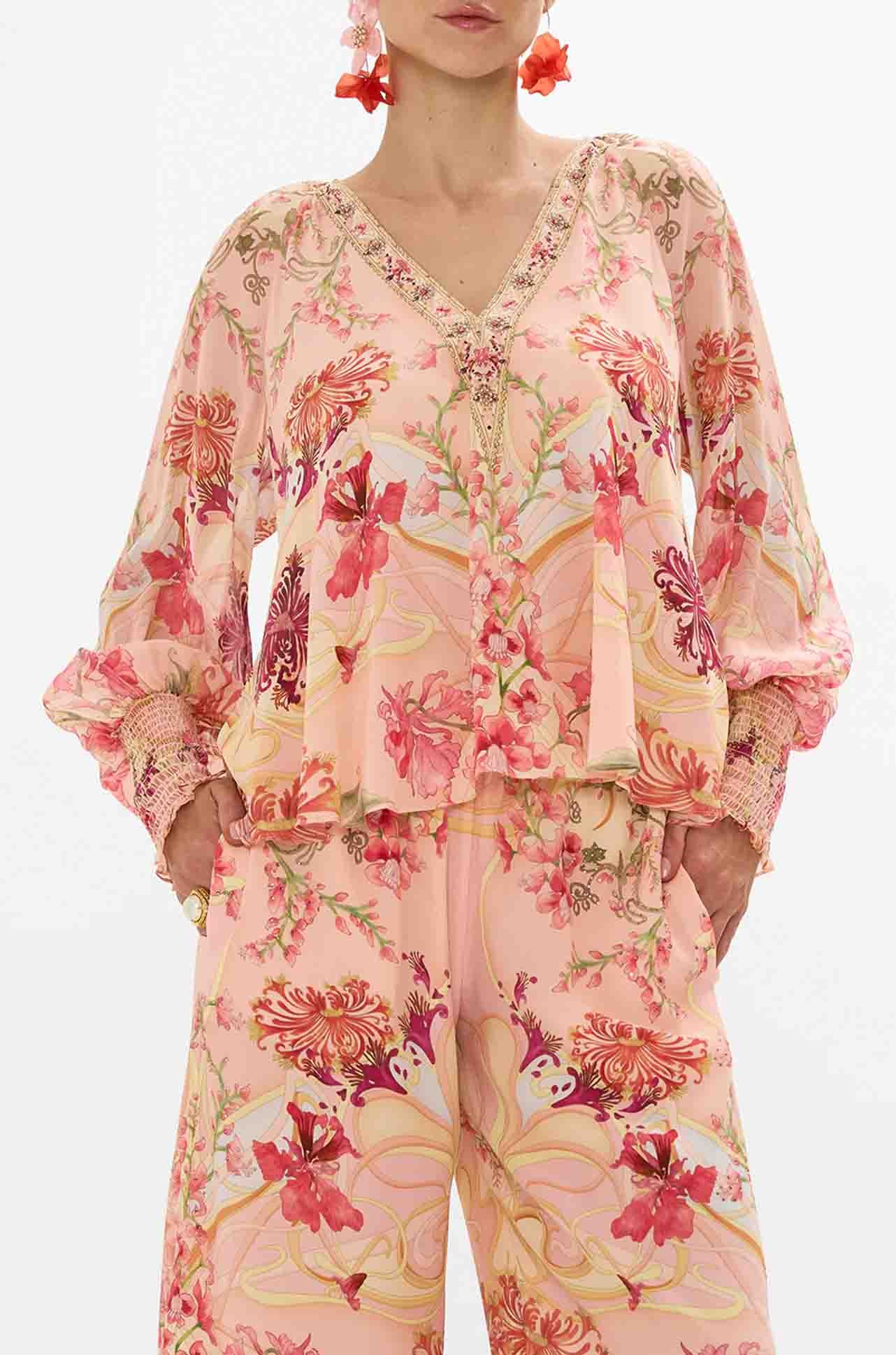 Camilla - Blossoms & Brushstrokes Shirred Cuff Blouse