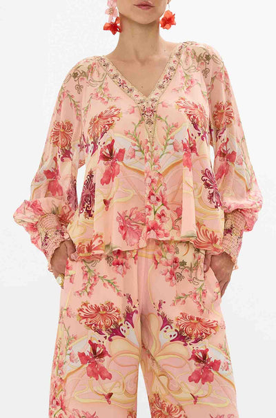 Camilla - Blossoms & Brushstrokes Shirred Cuff Blouse