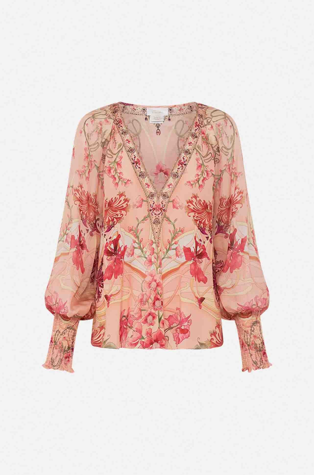 Camilla - Blossoms & Brushstrokes Shirred Cuff Blouse