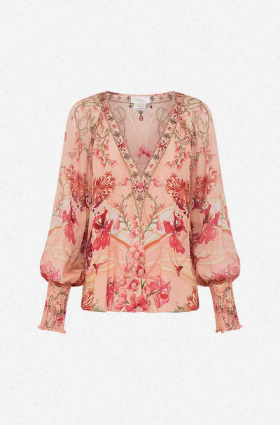 Camilla - Blossoms & Brushstrokes Shirred Cuff Blouse