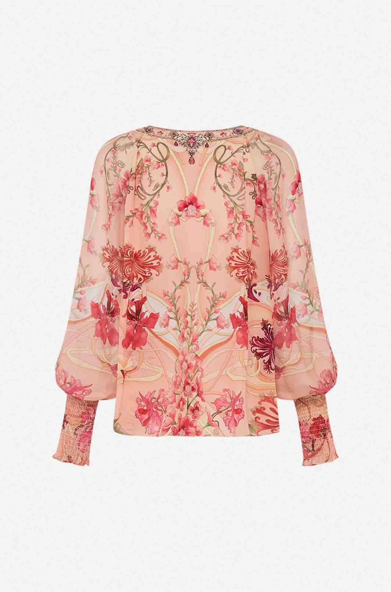 Camilla - Blossoms & Brushstrokes Shirred Cuff Blouse