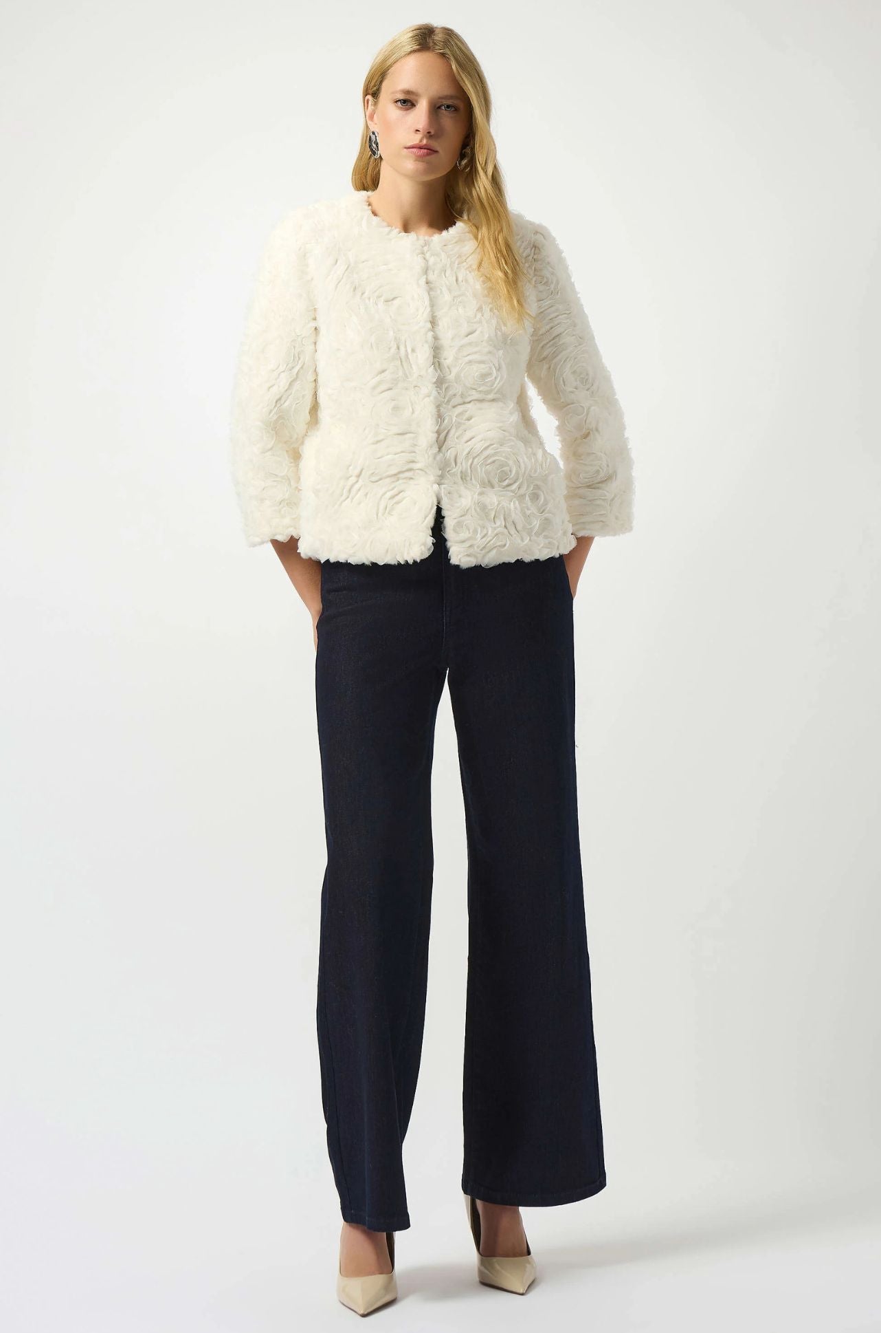Joseph Ribkoff - Embroidered Faux Fur Collarless Jacket in Vanilla