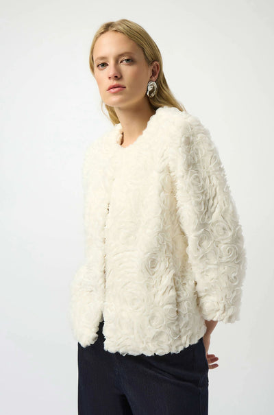 Joseph Ribkoff - Embroidered Faux Fur Collarless Jacket in Vanilla