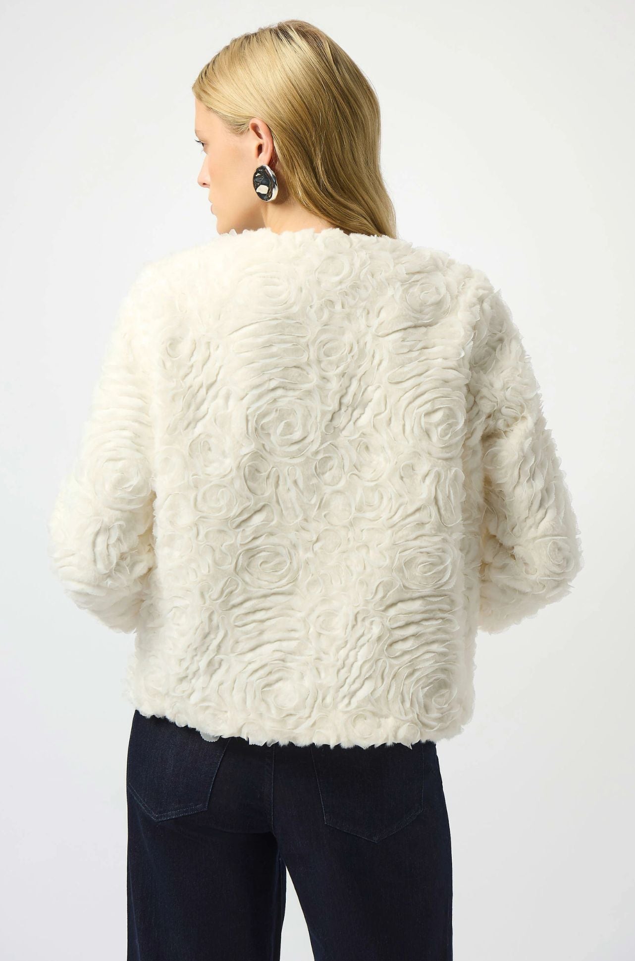 Joseph Ribkoff - Embroidered Faux Fur Collarless Jacket in Vanilla