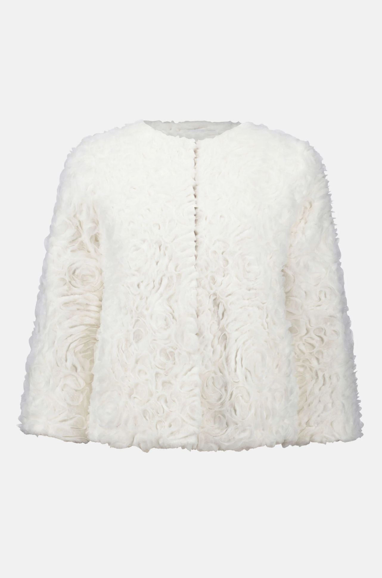 Joseph Ribkoff - Embroidered Faux Fur Collarless Jacket in Vanilla
