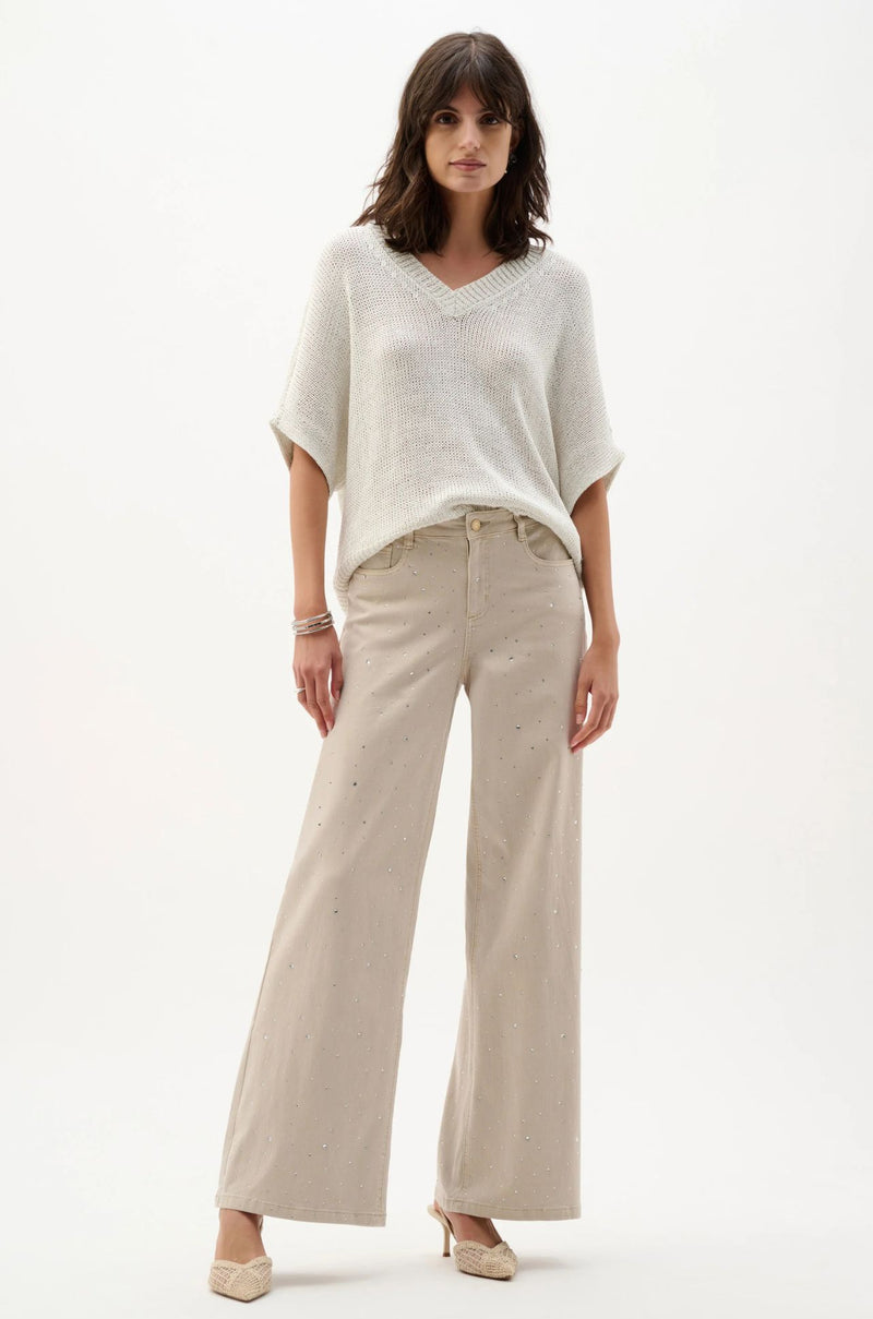 Joseph Ribkoff - Featherweave Denim Wide Leg Jeans with Rhinestones