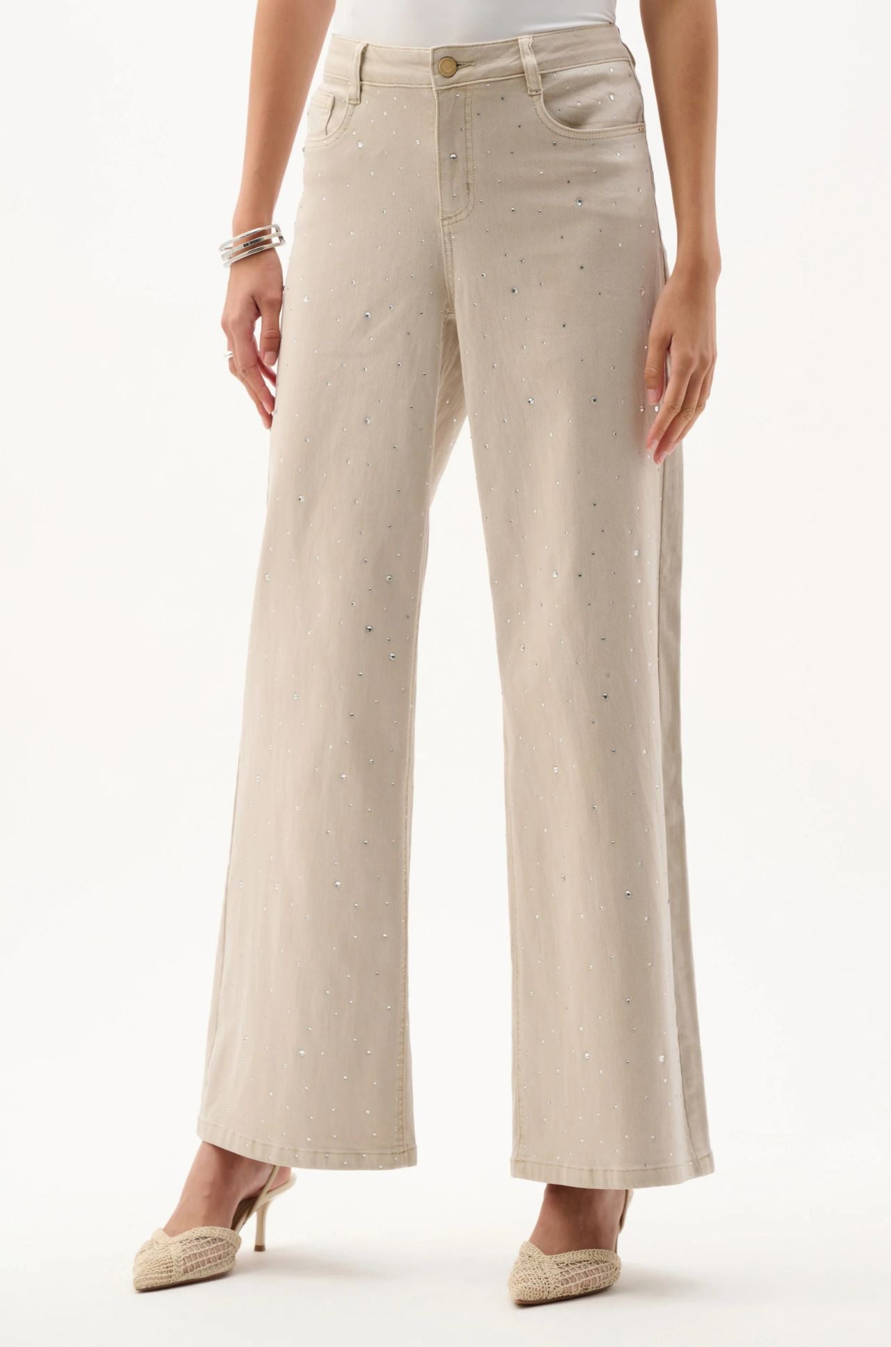 Joseph Ribkoff - Featherweave Denim Wide Leg Jeans with Rhinestones
