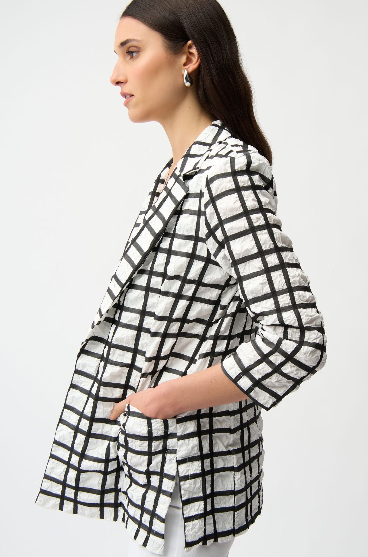Joseph Ribkoff - Jacquard Plaid Print Boxy Blazer with Notched Collar