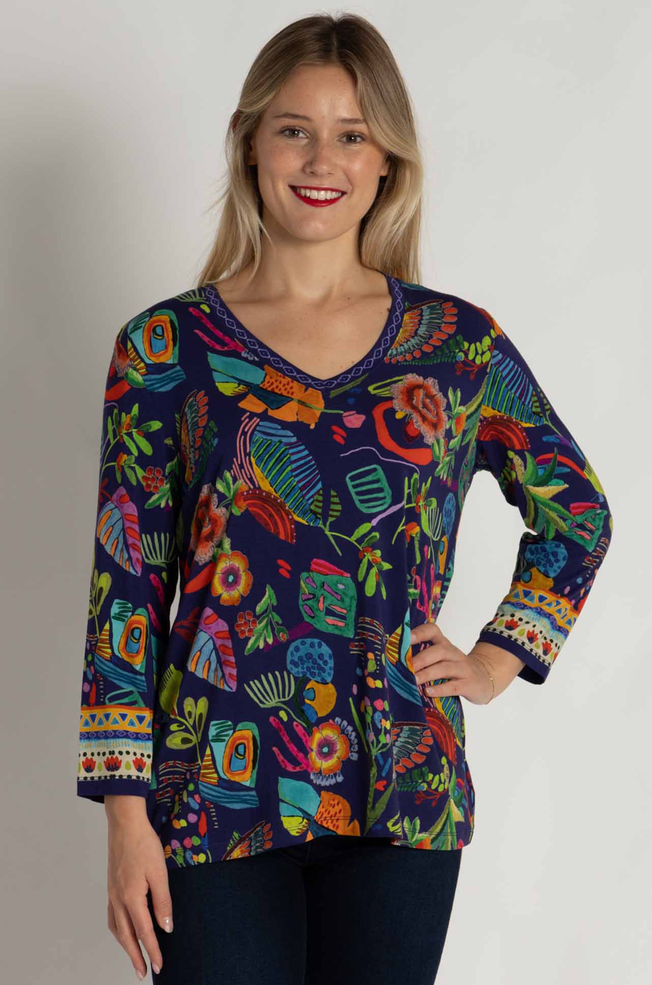 Johnny Was - The Janie Favorite 3/4 Sleeve V-Neck Tee in Farout Scarf Print