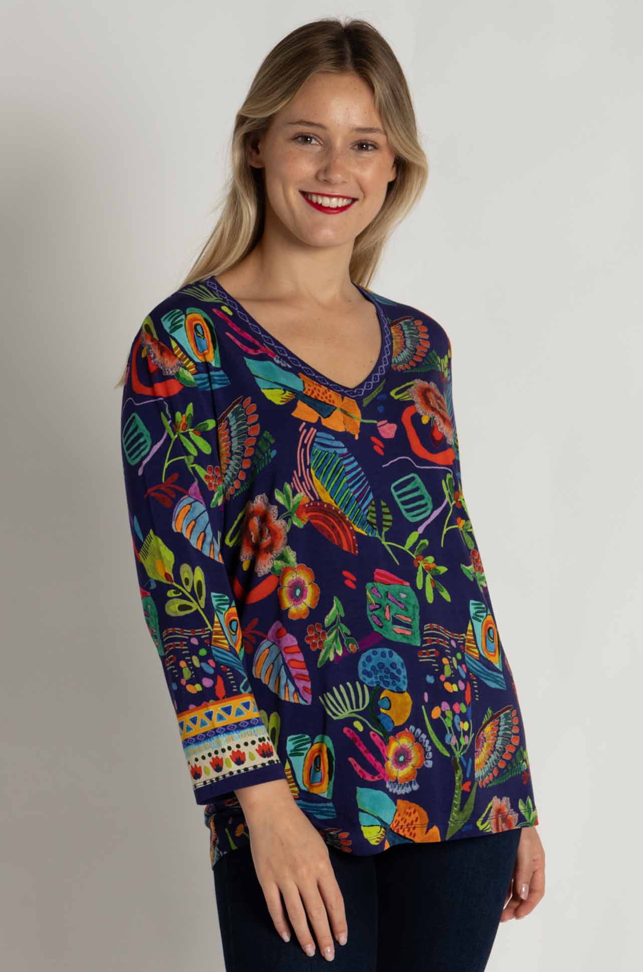 Johnny Was - The Janie Favorite 3/4 Sleeve V-Neck Tee in Farout Scarf Print