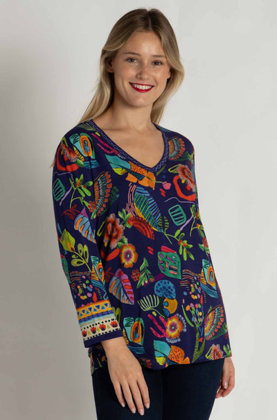 Johnny Was - The Janie Favorite 3/4 Sleeve V-Neck Tee in Farout Scarf Print
