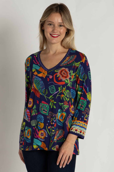 Johnny Was - The Janie Favorite 3/4 Sleeve V-Neck Tee in Farout Scarf Print