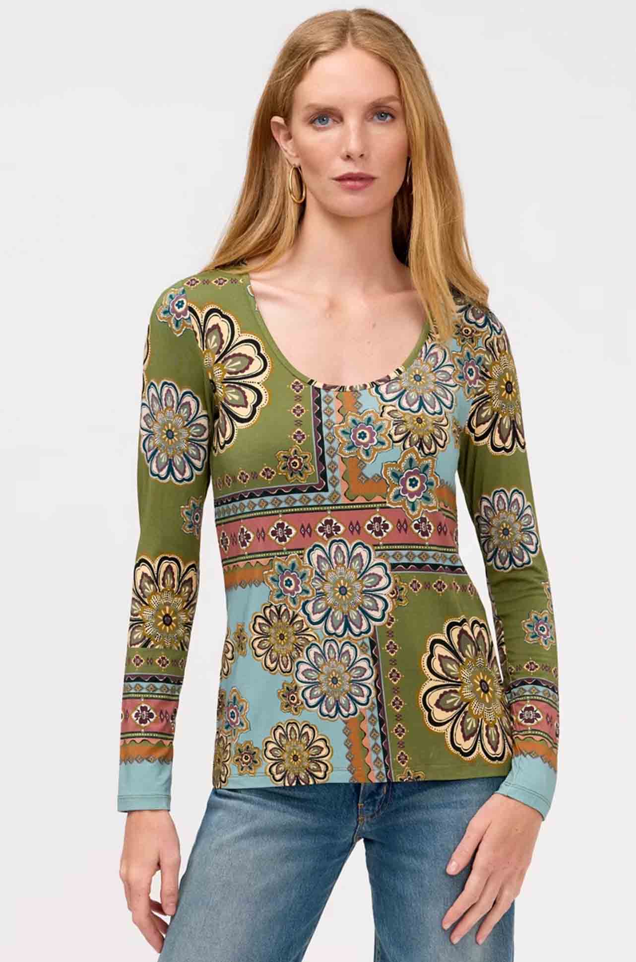 Johnny Was - The Janie Favorite LS Scoop Neck Fittted Tee in Kesia