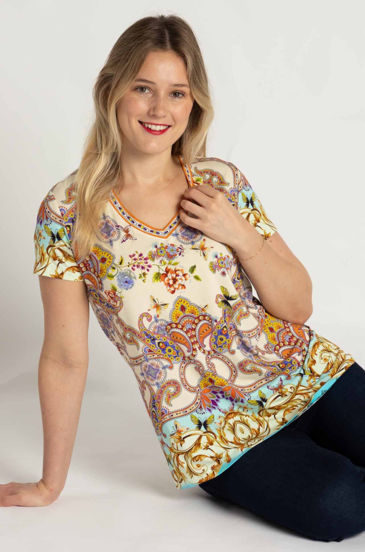 Johnny Was - The Janie Favorite Short Sleeve V-Neck Tee in Scroll Scarf Print