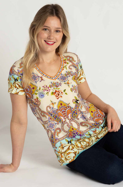 Johnny Was - The Janie Favorite Short Sleeve V-Neck Tee in Scroll Scarf Print