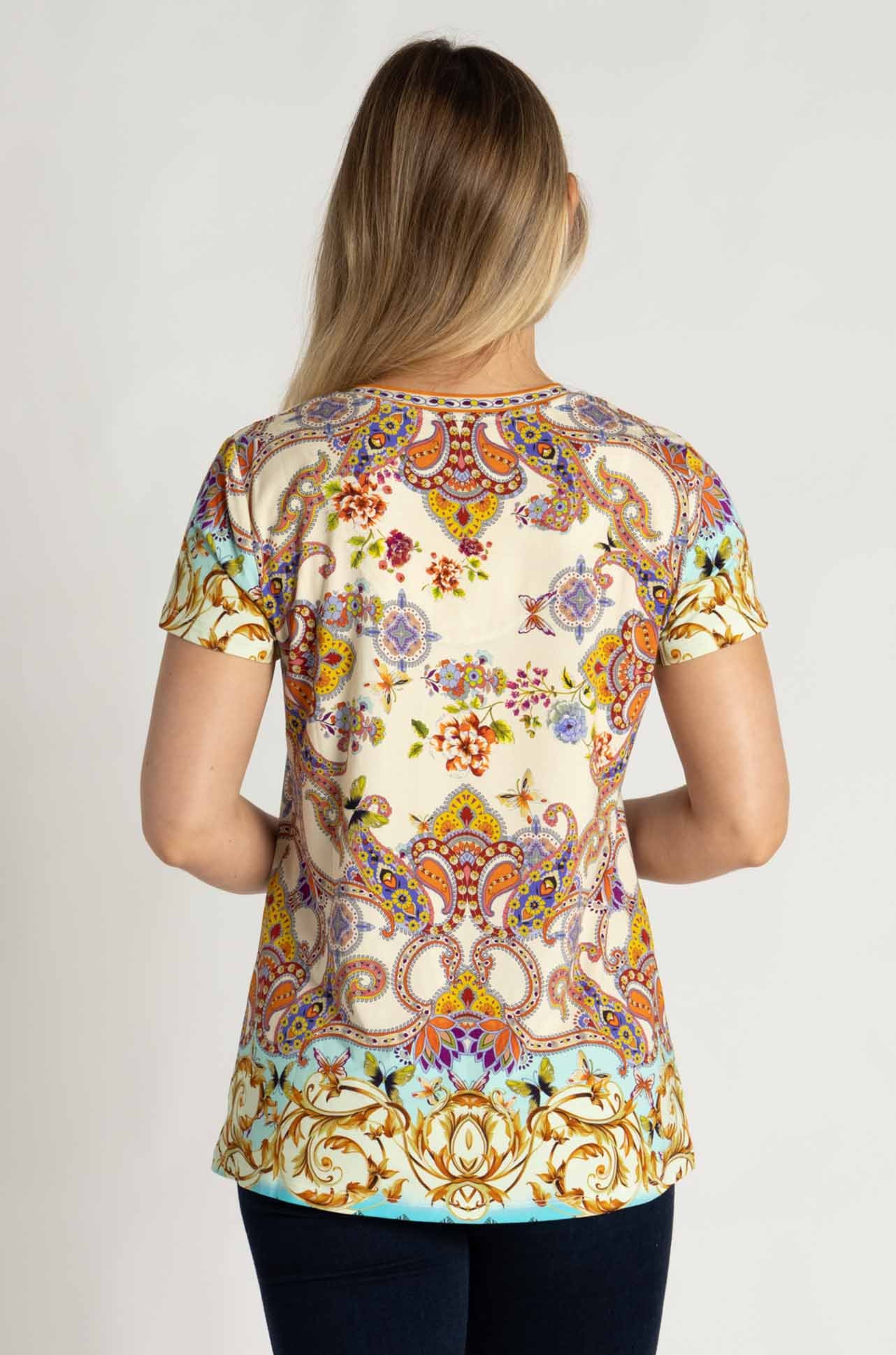 Johnny Was - The Janie Favorite Short Sleeve V-Neck Tee in Scroll Scarf Print