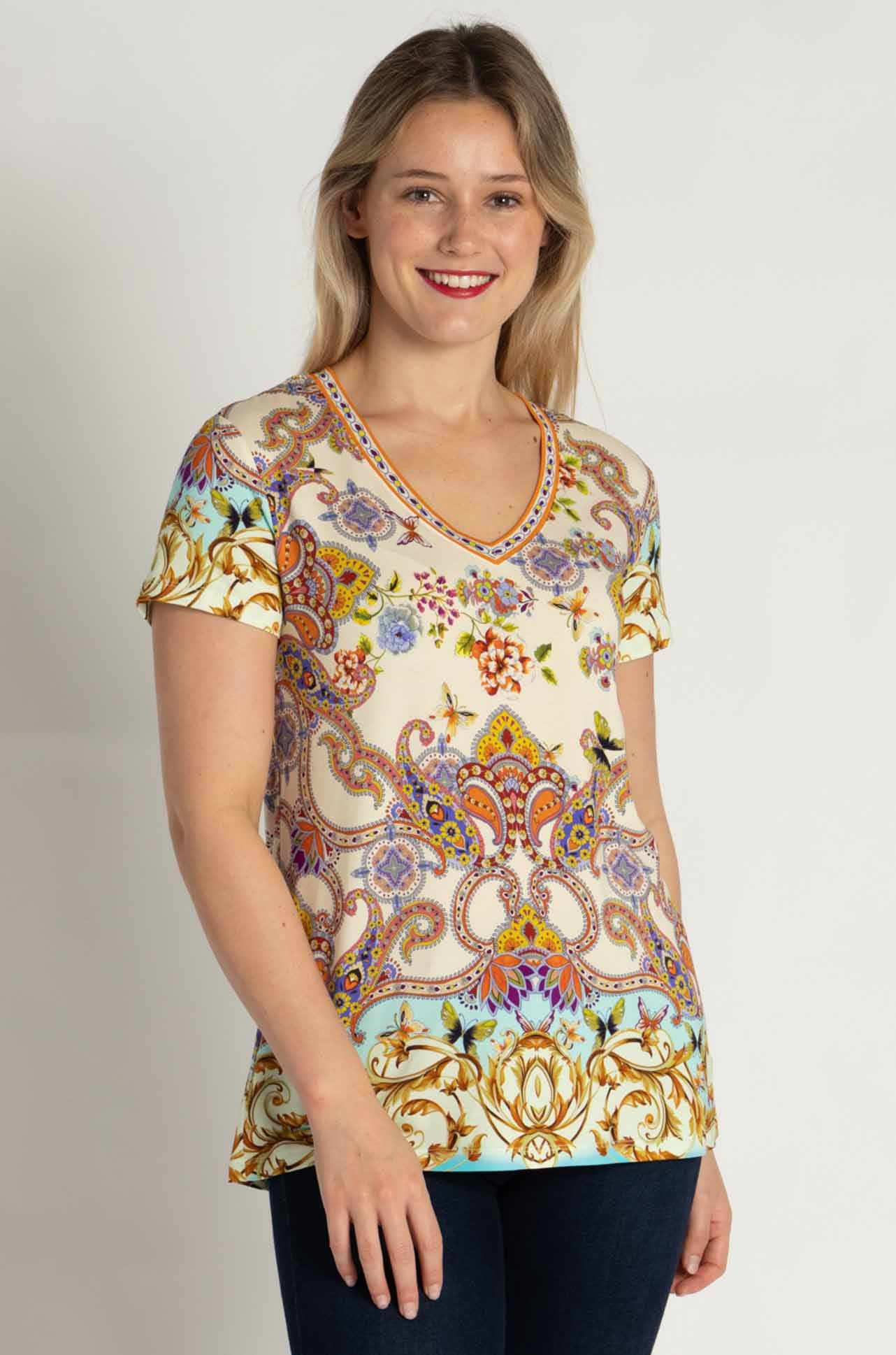 Johnny Was - The Janie Favorite Short Sleeve V-Neck Tee in Scroll Scarf Print