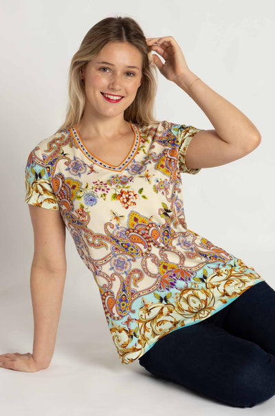Johnny Was - The Janie Favorite Short Sleeve V-Neck Tee in Scroll Scarf Print