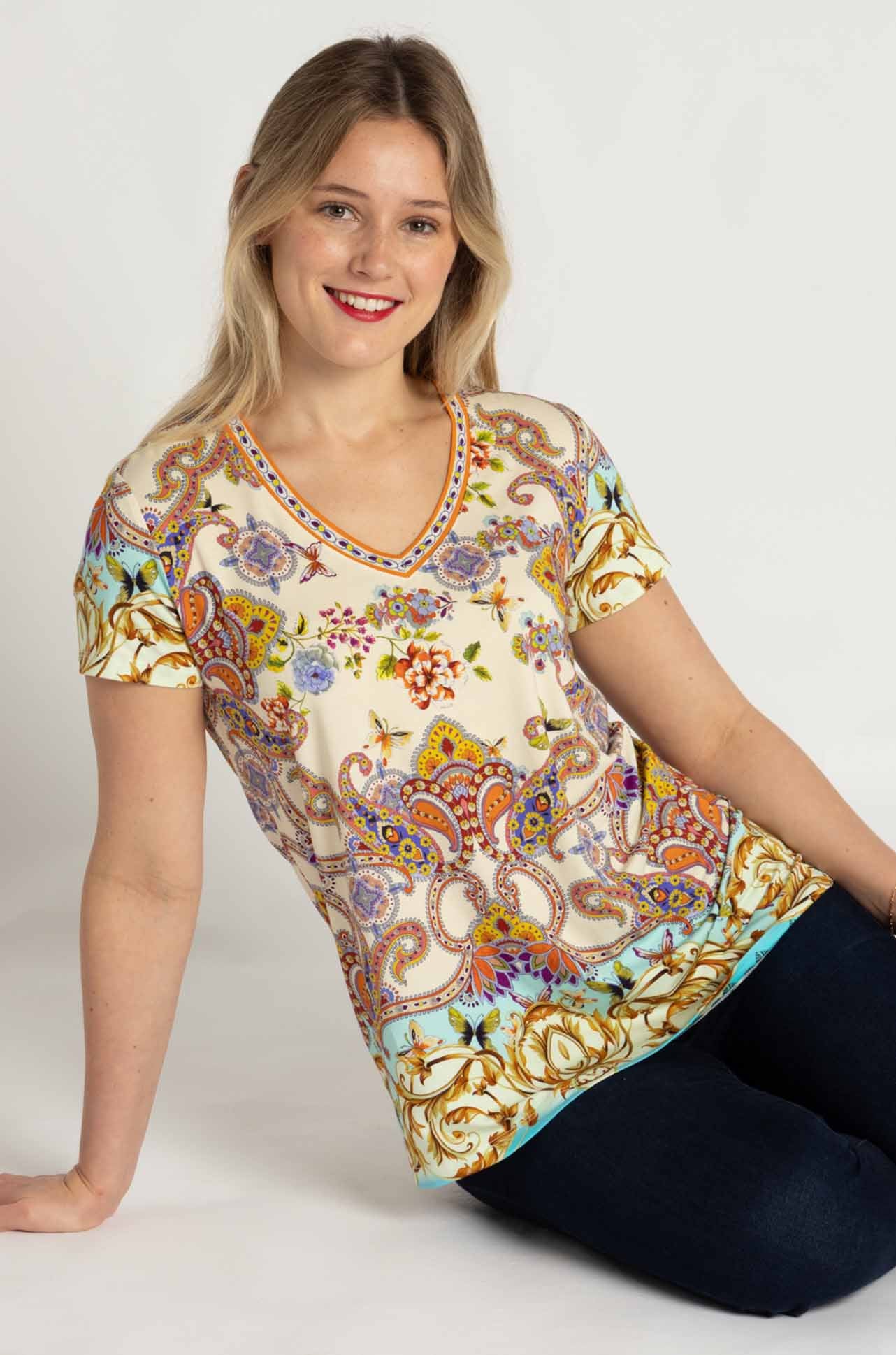 Johnny Was - The Janie Favorite Short Sleeve V-Neck Tee in Scroll Scarf Print