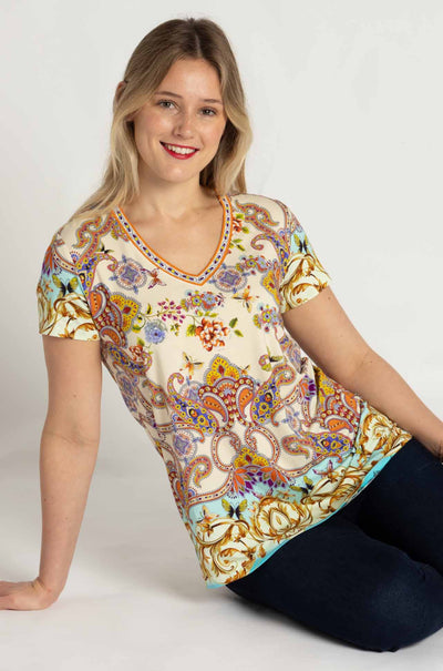 Johnny Was - The Janie Favorite Short Sleeve V-Neck Tee in Scroll Scarf Print