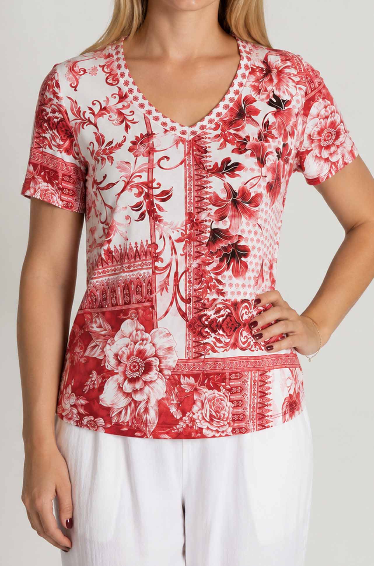 Johnny Was - The Janie Favorite Short Sleeve V Neck Tee in Dianth