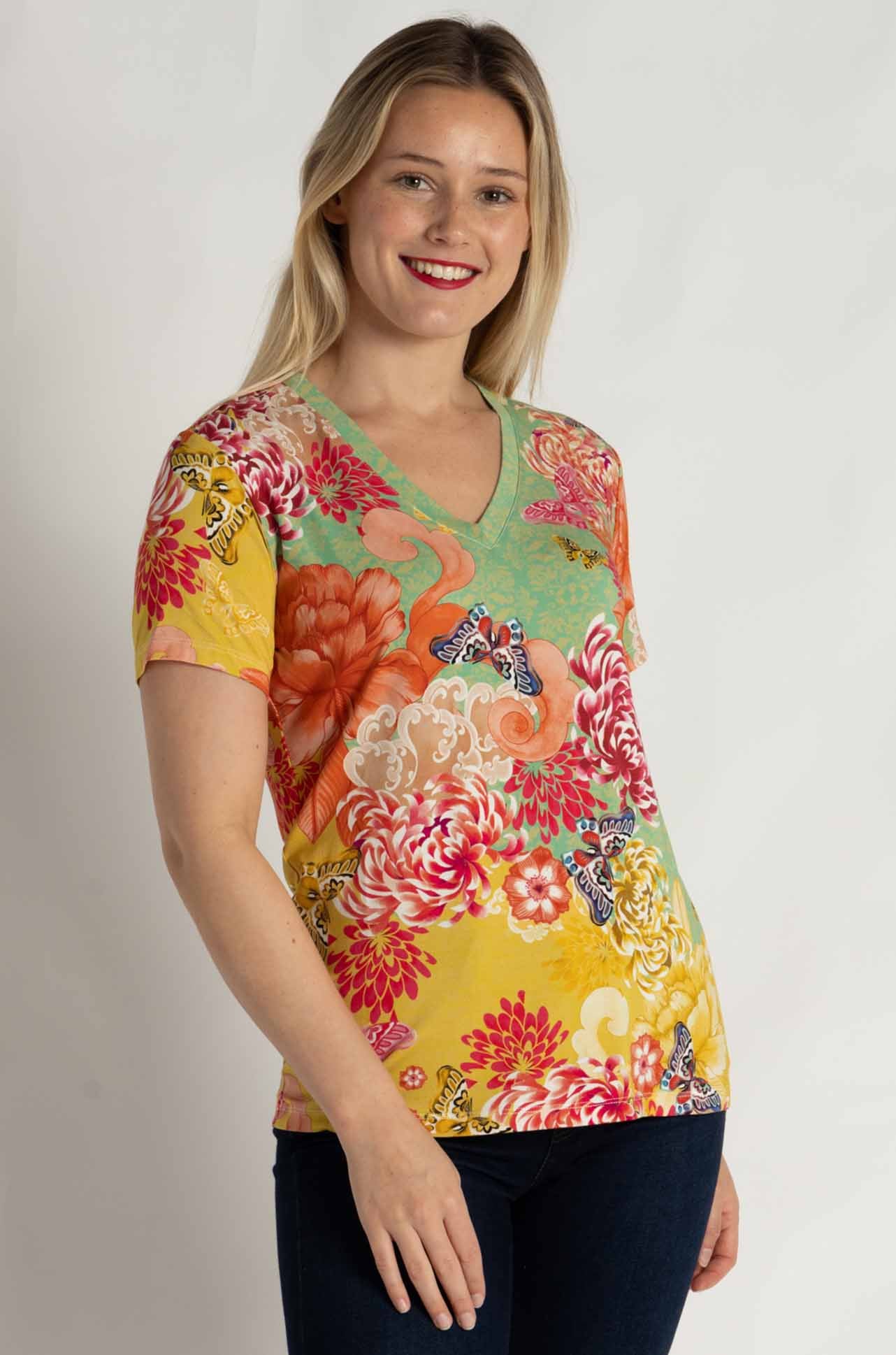 Johnny Was - The Janie Favorite Short Sleeve V Neck Tee in Charlie