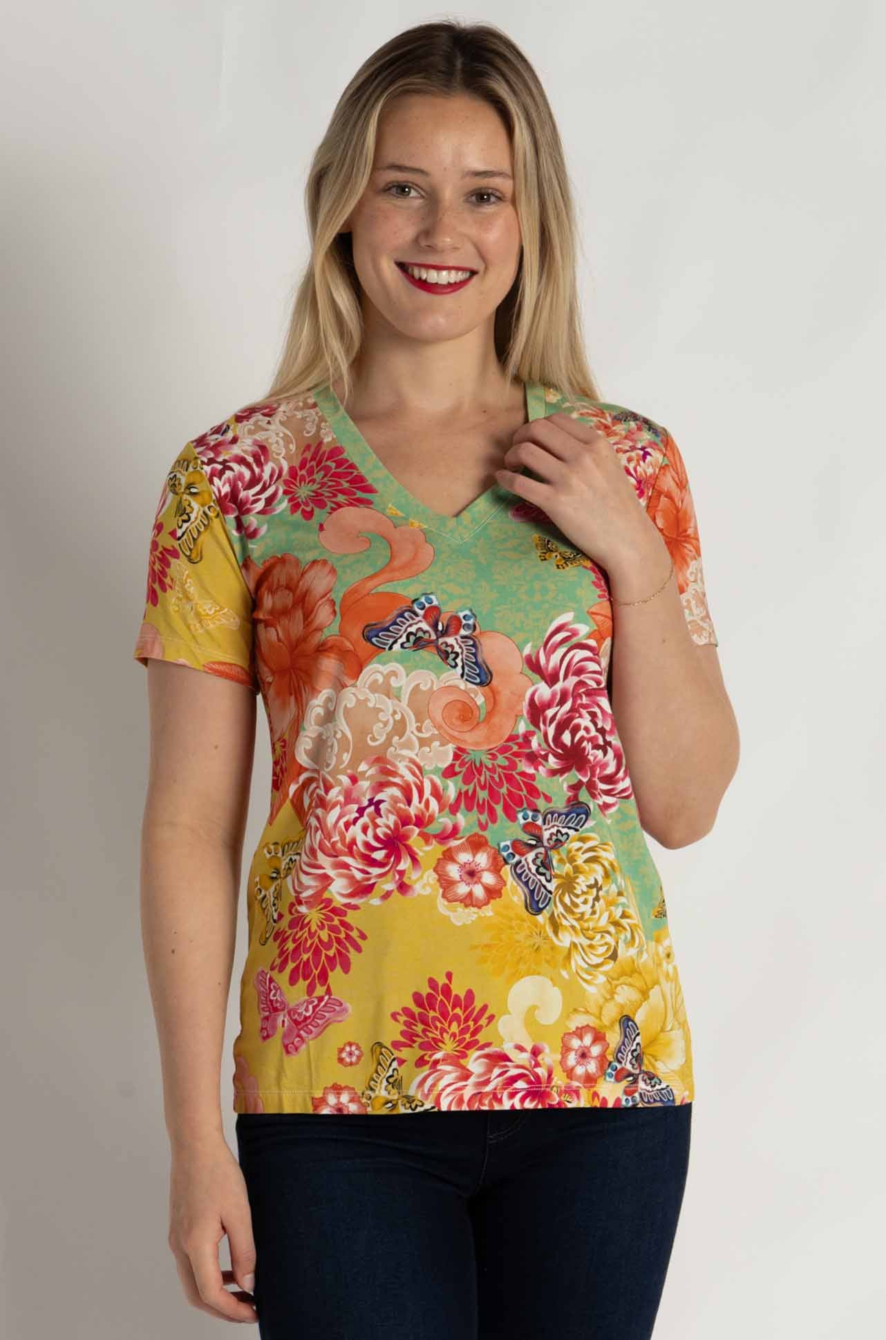 Johnny Was - The Janie Favorite Short Sleeve V Neck Tee in Charlie