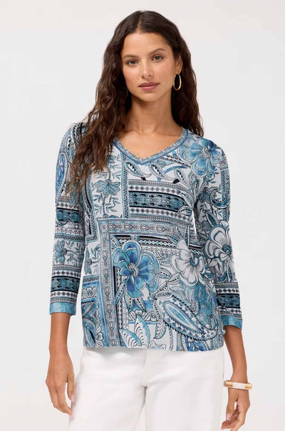 Johnny Was - The Janie Favorite 3/4 Sleeve V-Neck Swing Tee in Athene