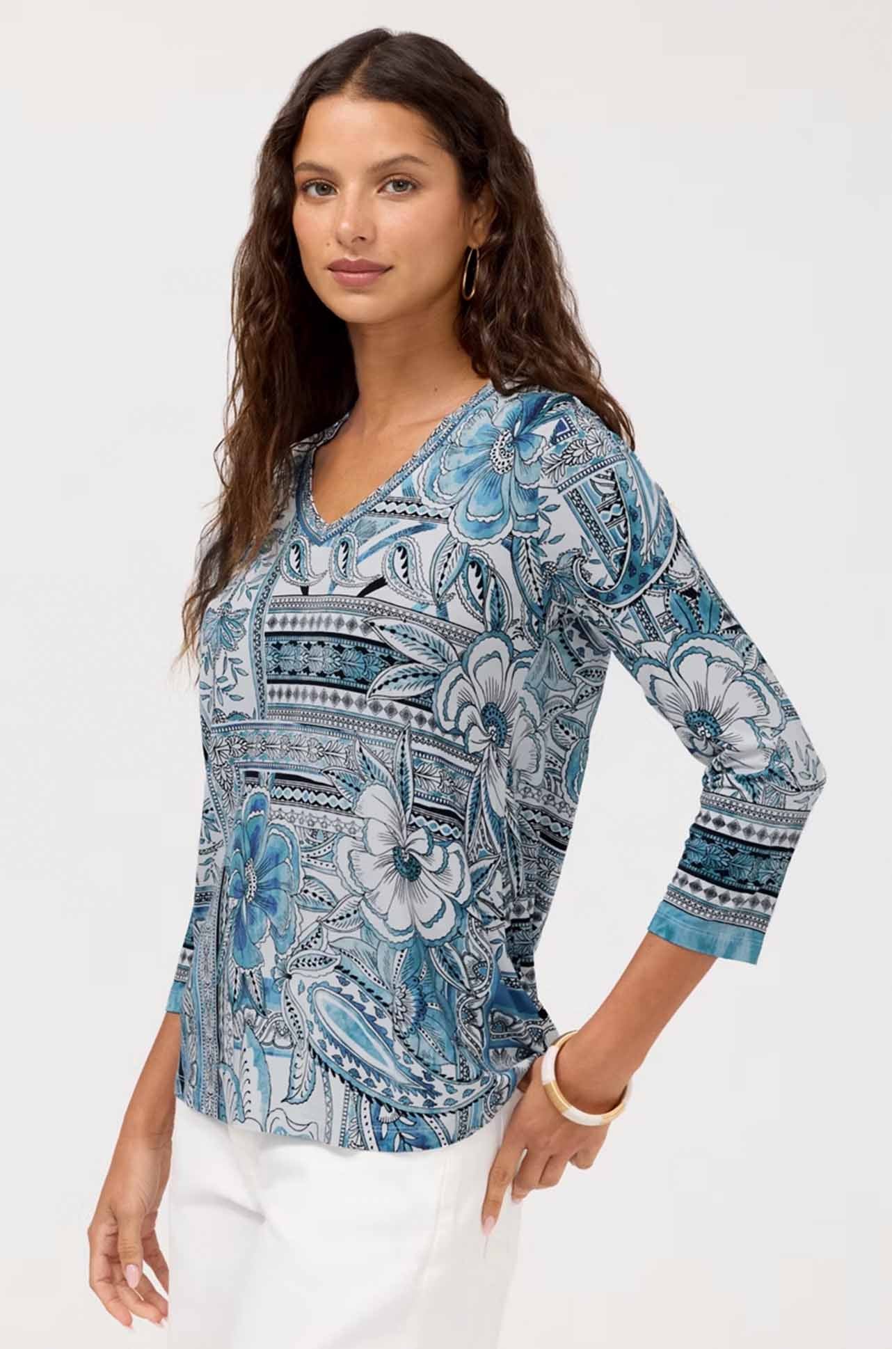 Johnny Was - The Janie Favorite 3/4 Sleeve V-Neck Swing Tee in Athene