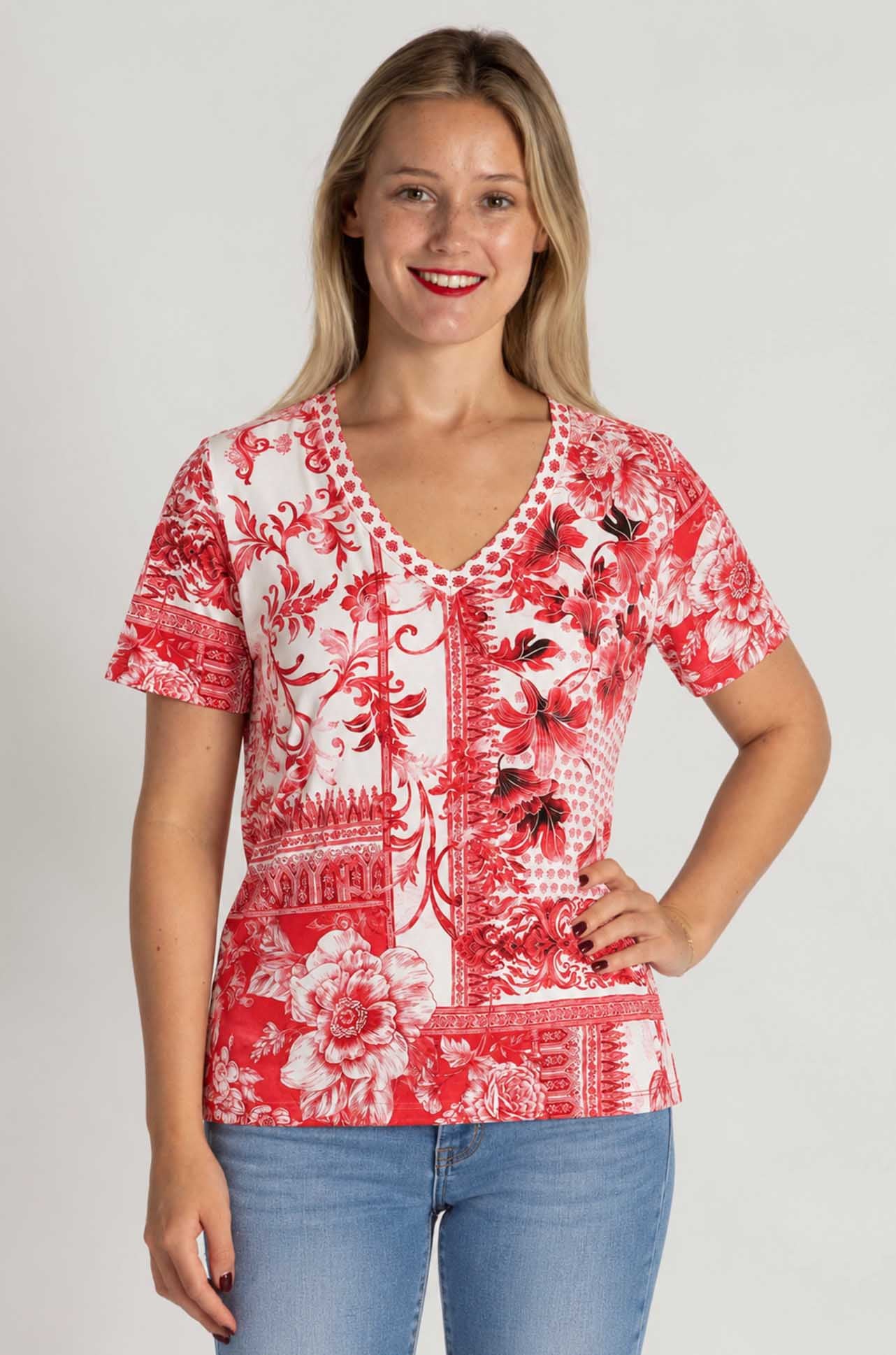 Johnny Was - The Janie Favorite Short Sleeve V Neck Tee in Dianth