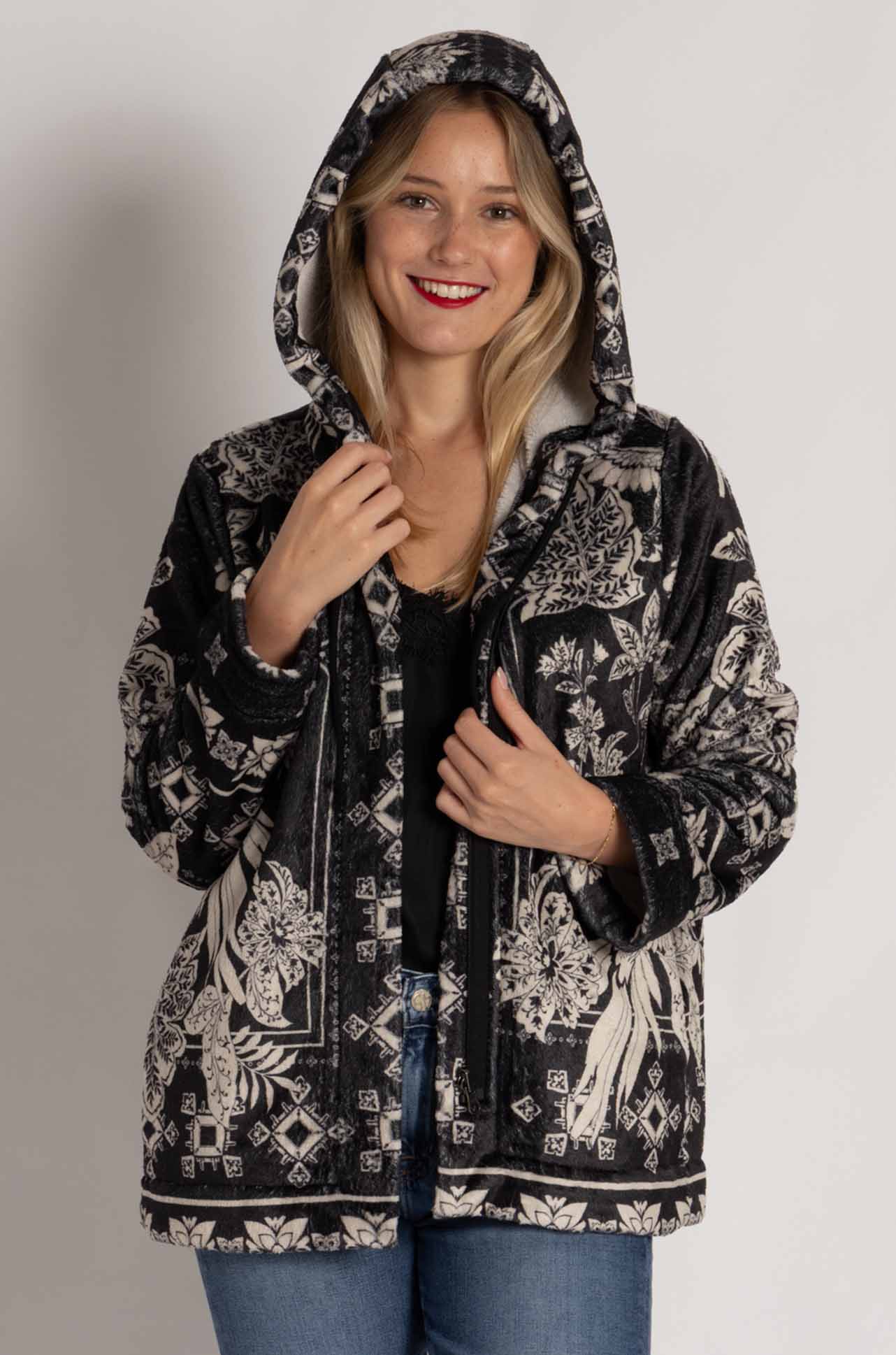 Johnny Was - Joan Zip Hoodie Sherpa Jacket in Myna Scarf Print