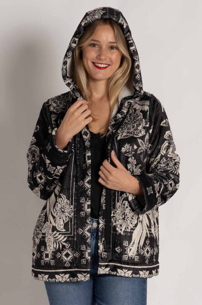 Johnny Was - Joan Zip Hoodie Sherpa Jacket in Myna Scarf Print