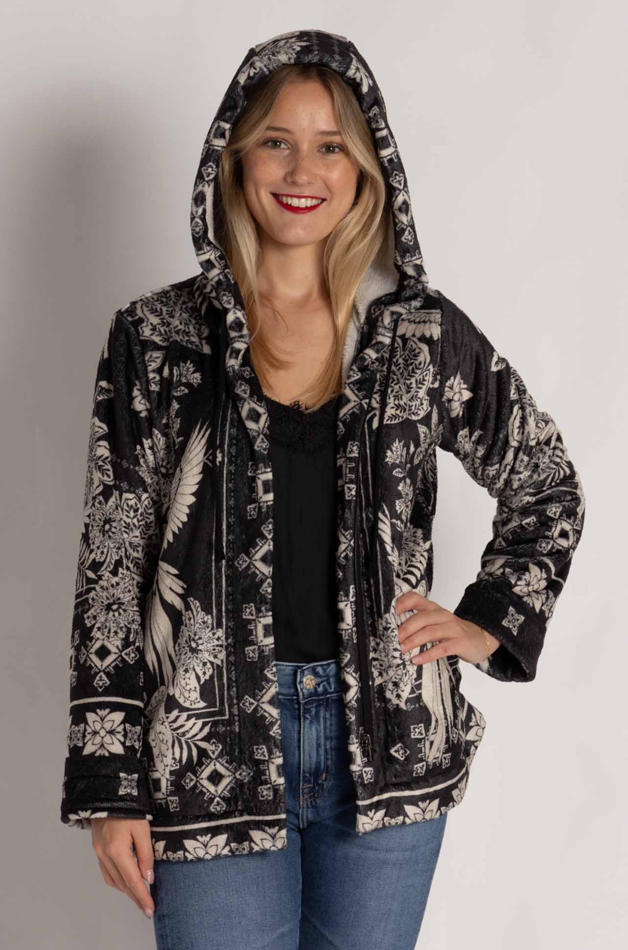 Johnny Was - Joan Zip Hoodie Sherpa Jacket in Myna Scarf Print
