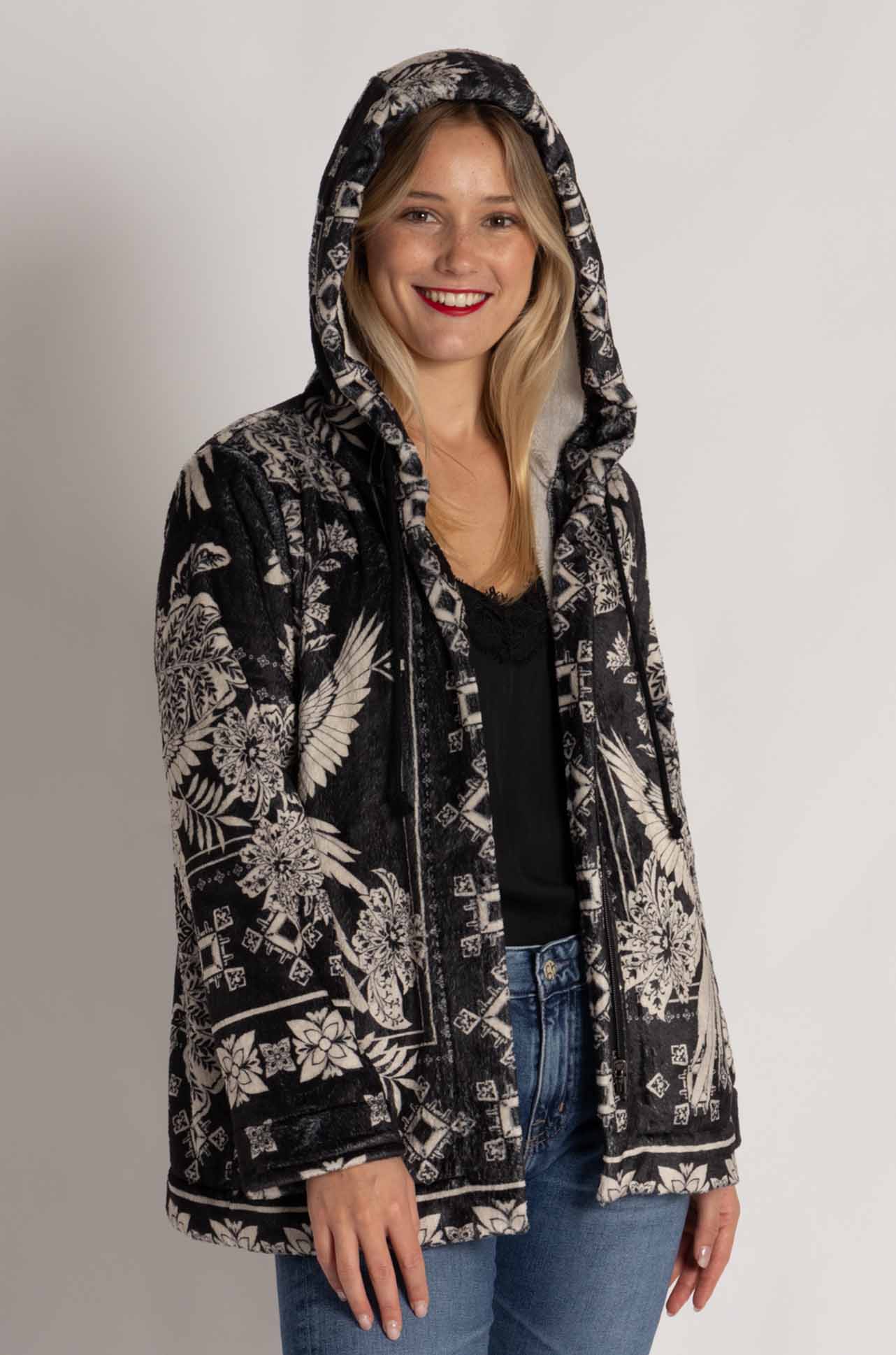 Johnny Was - Joan Zip Hoodie Sherpa Jacket in Myna Scarf Print