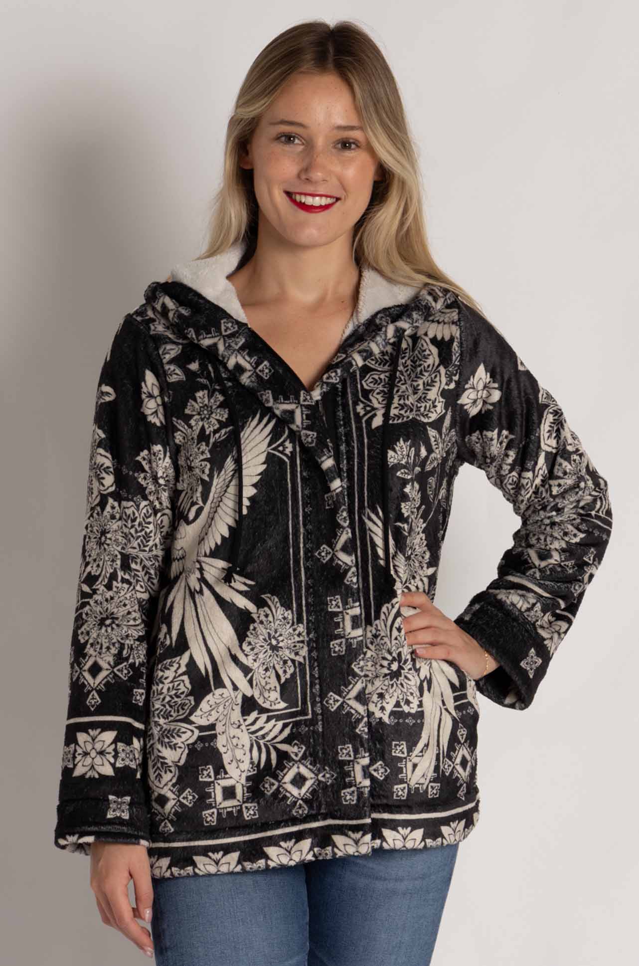 Johnny Was - Joan Zip Hoodie Sherpa Jacket in Myna Scarf Print
