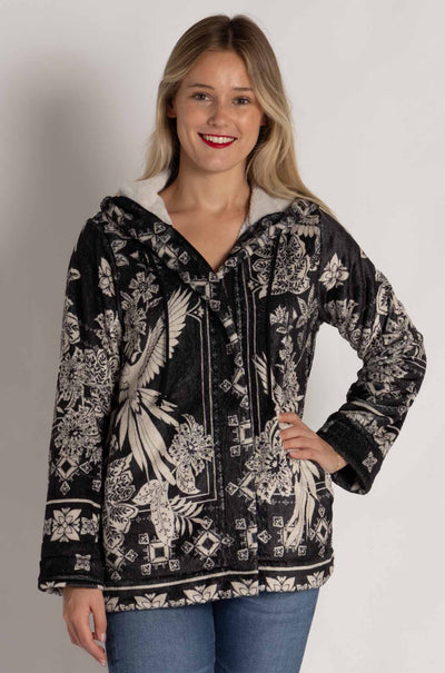 Johnny Was - Joan Zip Hoodie Sherpa Jacket in Myna Scarf Print