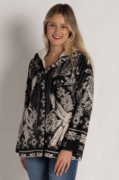 Johnny Was - Joan Zip Hoodie Sherpa Jacket in Myna Scarf Print